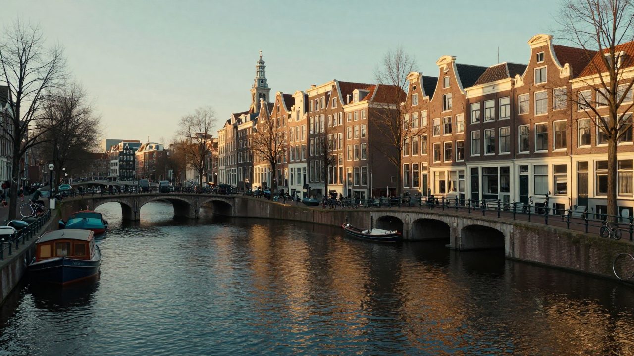 Canals and bridge near Westerpark in evening light.
