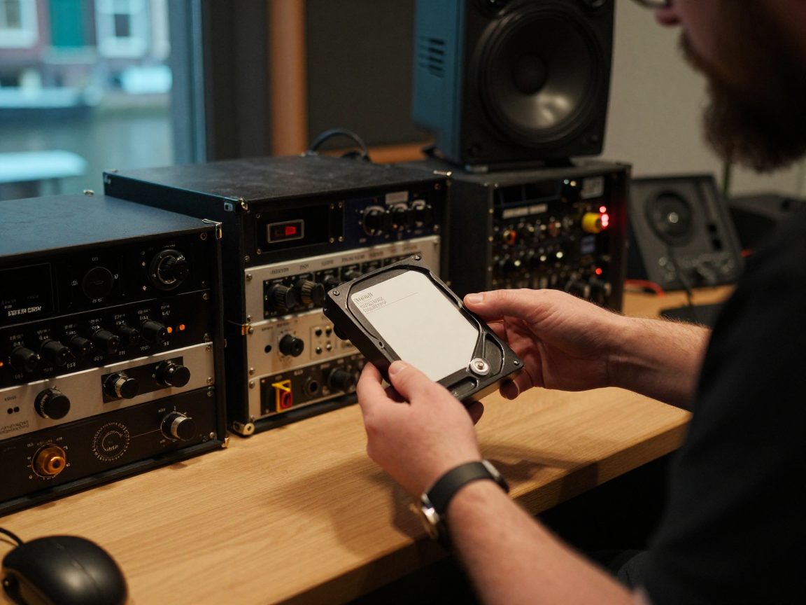 Engineer handing a hard drive to a musician.