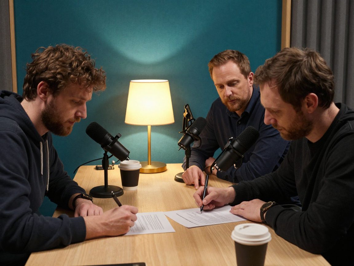 Podcasters bespreken documenten aan een studiotafel.