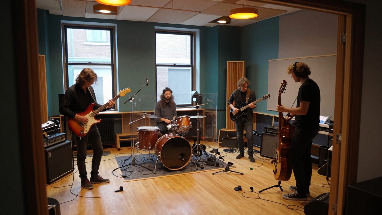 Band playing live in a spacious recording room with engineer present.