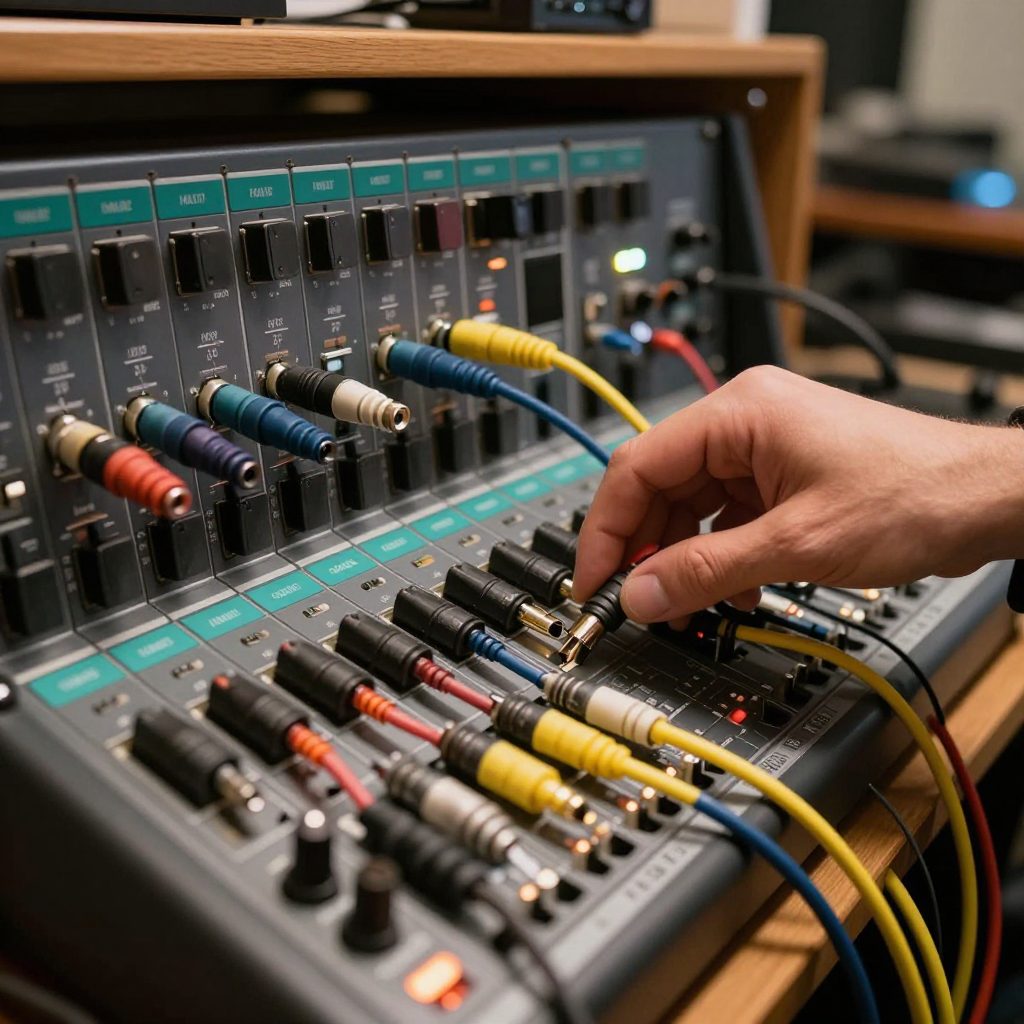 Hand steekt een jack in een analoge patchbay.