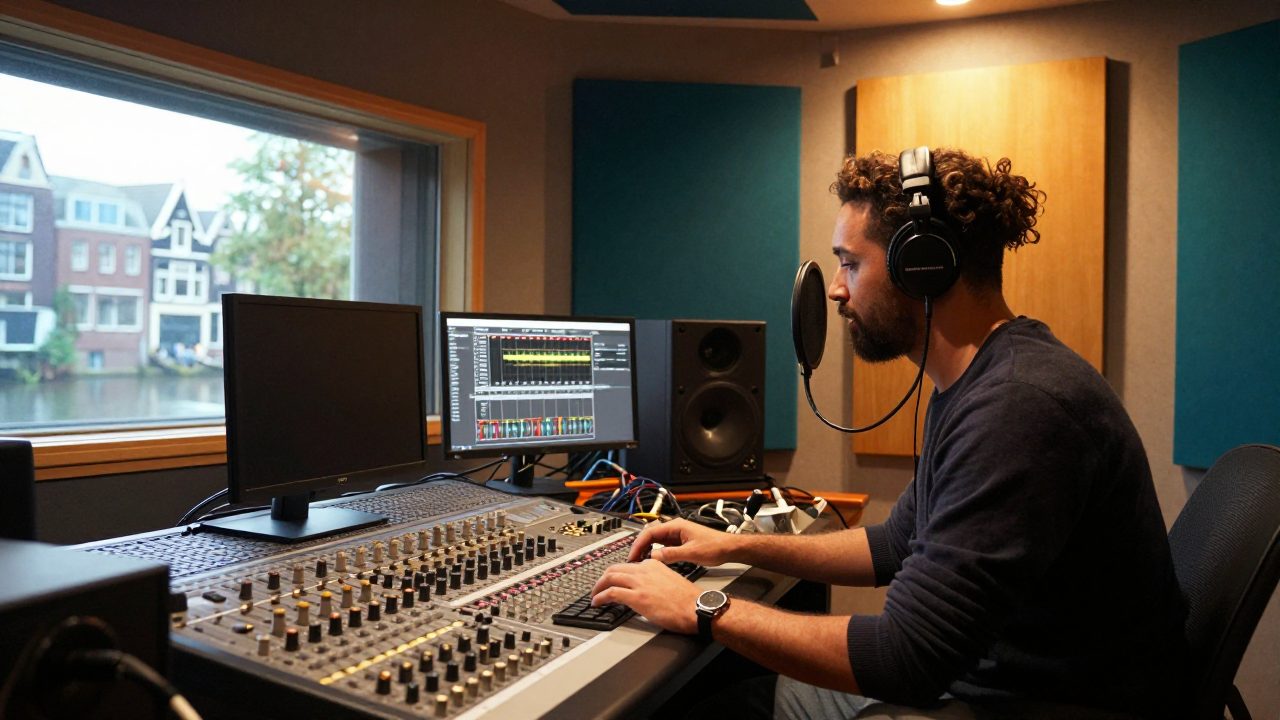 Vocalist and engineer in a warmly lit Amsterdam recording studio.
