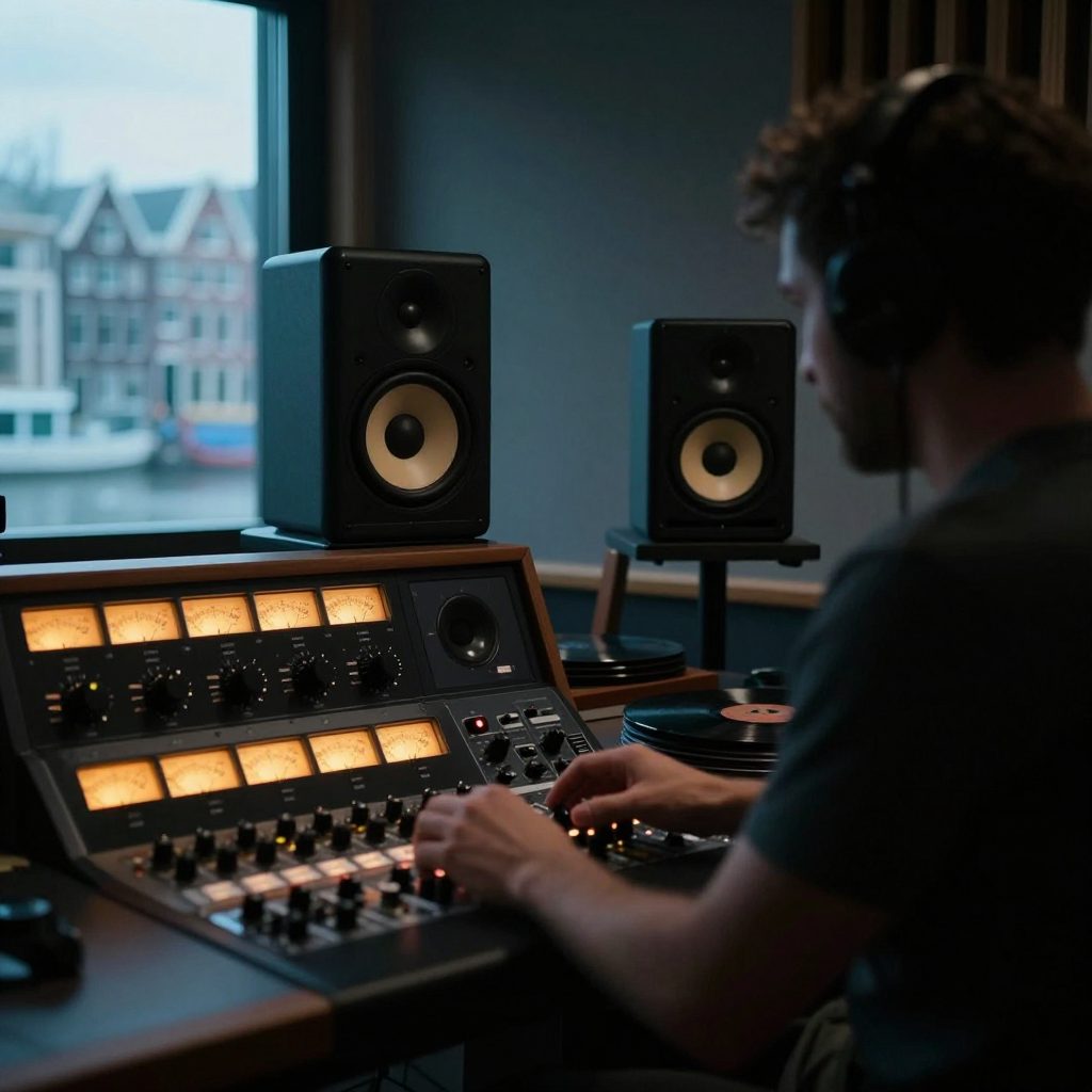 Mastering speakers and engineer in a dim listening room.