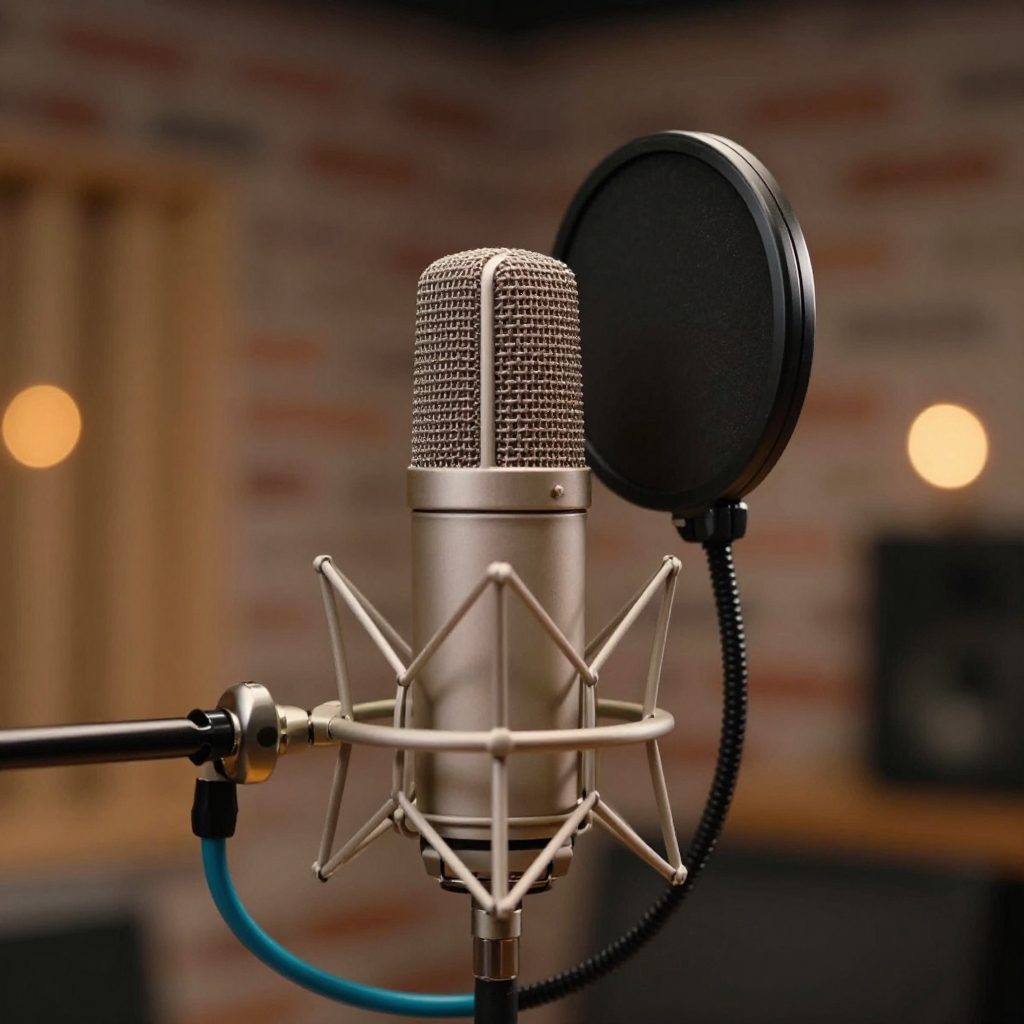 Close-up of a condenser microphone with pop filter.