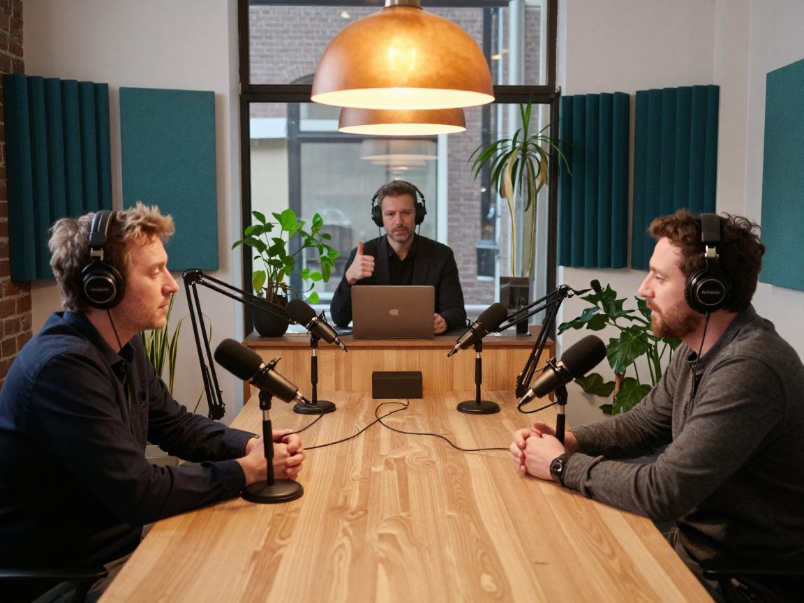 Two podcasters at a table with microphones and engineer behind glass.