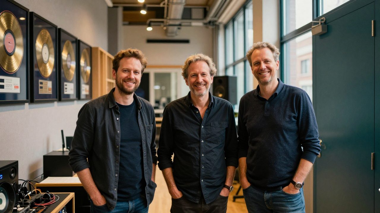 Drie studio-medewerkers poseren in een verlichte gang.