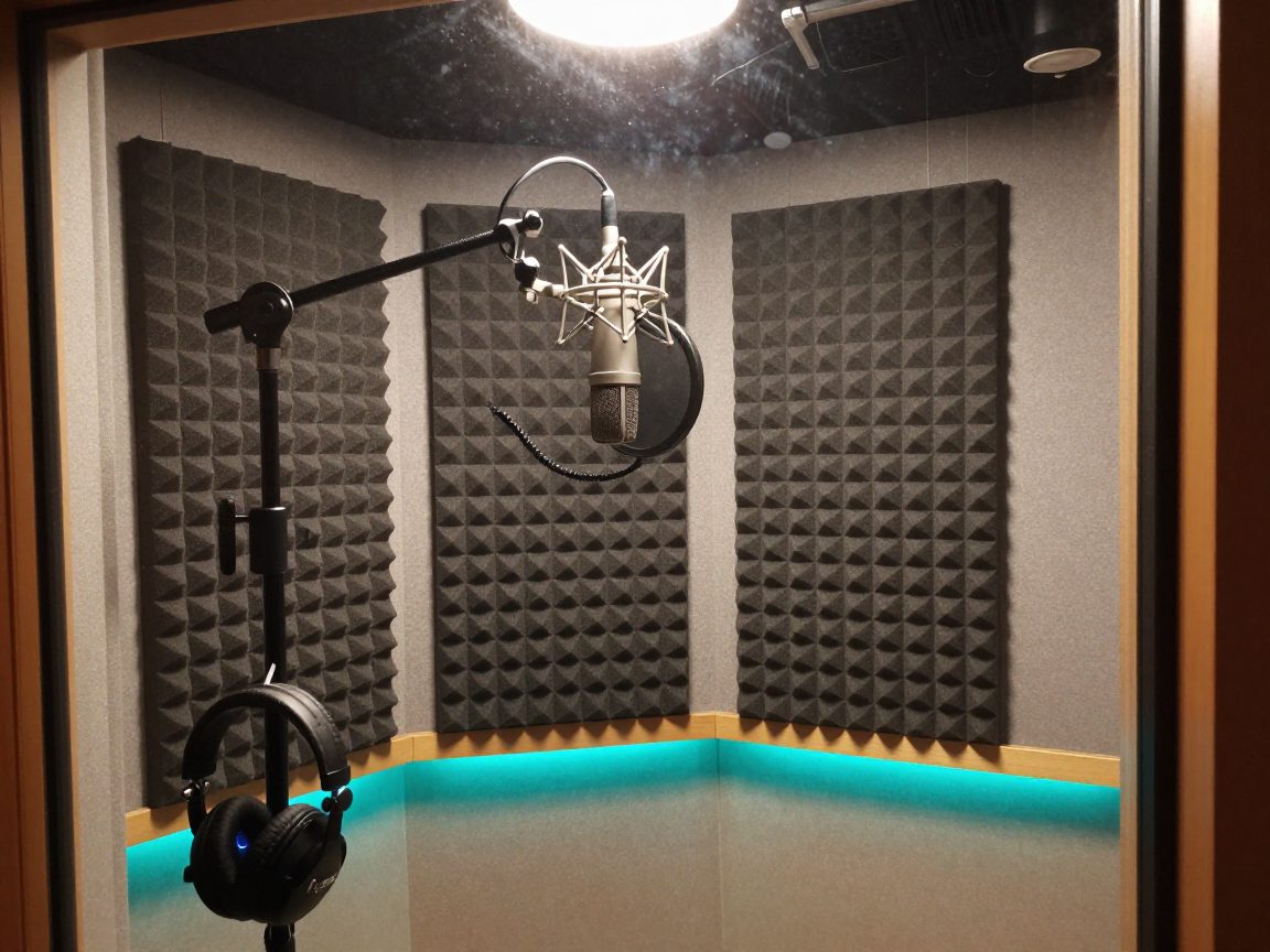 Isolated vocal booth with microphone seen from the control room.